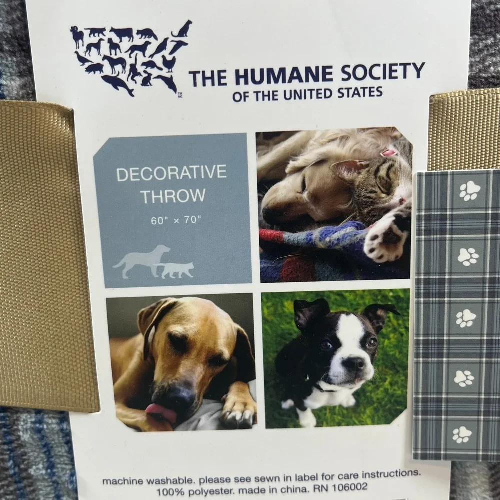 Humane Society Decorative Throw Blanket 60x70 Gray Plaid Fleece with Paw Prints